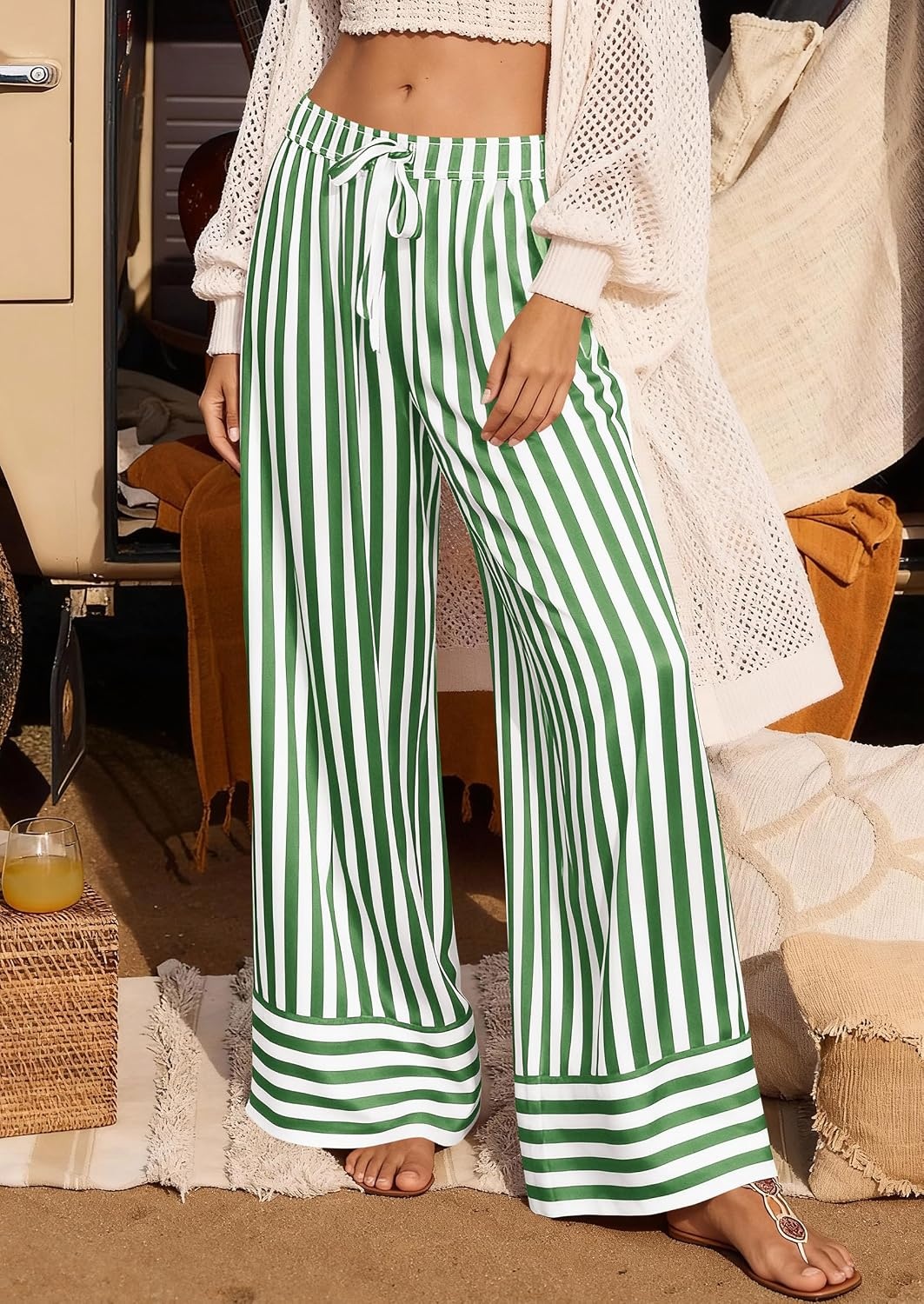 image:imagePRETTYGARDEN Womens Palazzo Pants 2026 Summer Striped Satin Wide Leg High Waisted Flowy Lounge Trousers PocketsStriped Green White