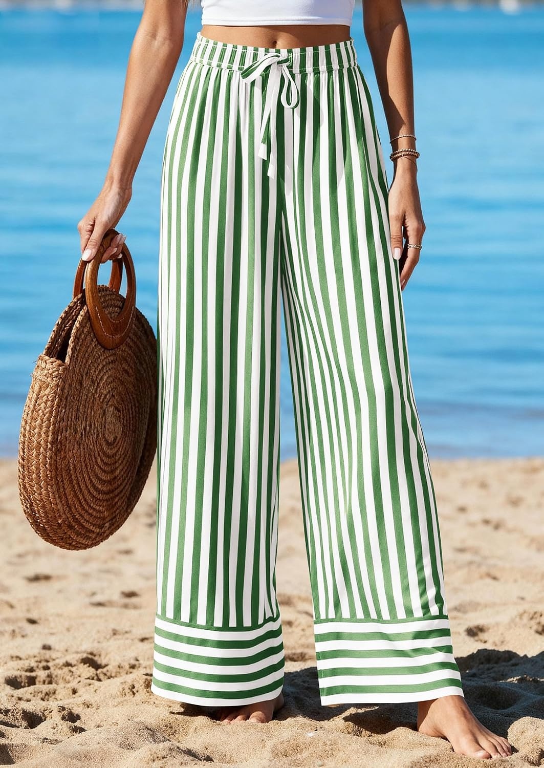 image:imagePRETTYGARDEN Womens Palazzo Pants 2026 Summer Striped Satin Wide Leg High Waisted Flowy Lounge Trousers PocketsStriped Green White