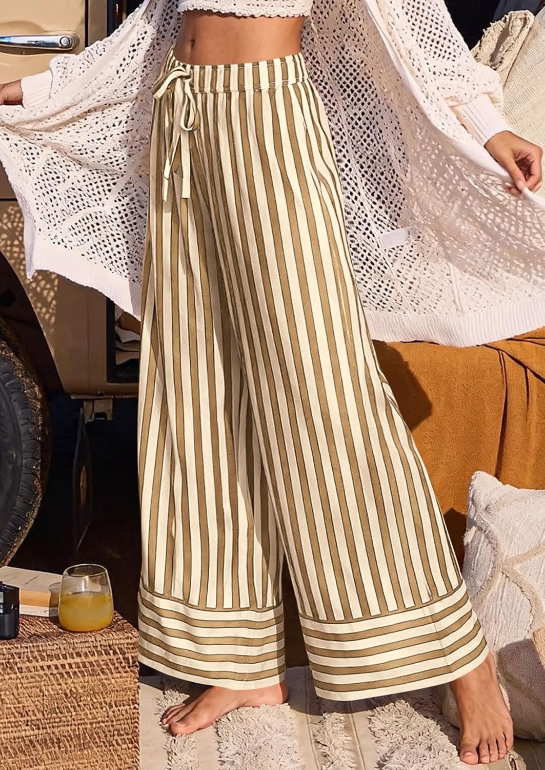 image:imagePRETTYGARDEN Womens Palazzo Pants 2026 Summer Striped Satin Wide Leg High Waisted Flowy Lounge Trousers PocketsStriped Khaki