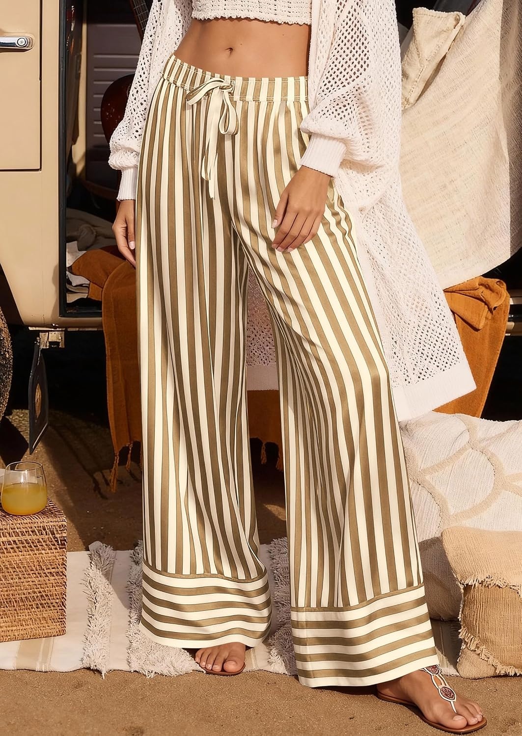 image:imagePRETTYGARDEN Womens Palazzo Pants 2026 Summer Striped Satin Wide Leg High Waisted Flowy Lounge Trousers PocketsStriped Khaki