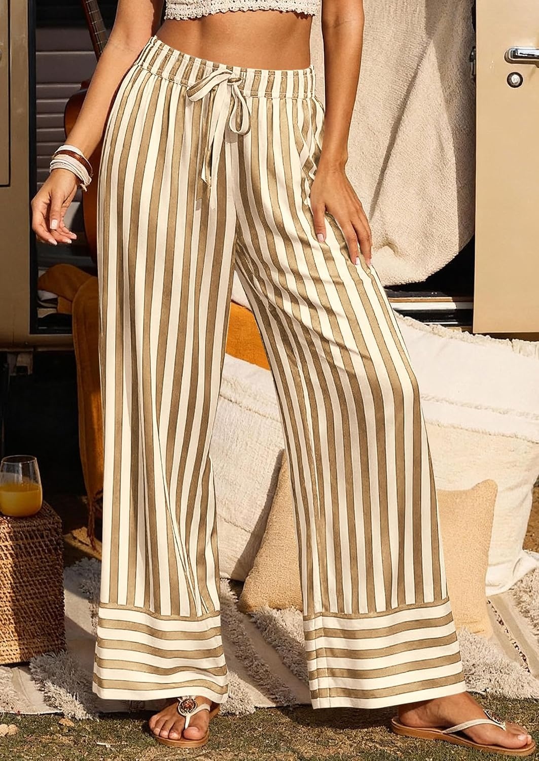 image:imagePRETTYGARDEN Womens Palazzo Pants 2026 Summer Striped Satin Wide Leg High Waisted Flowy Lounge Trousers PocketsStriped Khaki