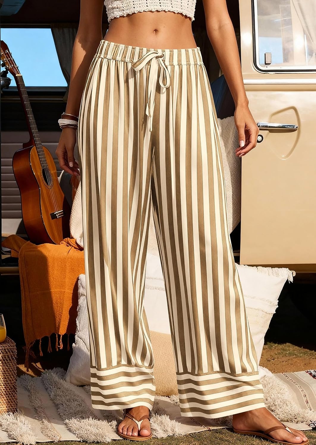 image:imagePRETTYGARDEN Womens Palazzo Pants 2026 Summer Striped Satin Wide Leg High Waisted Flowy Lounge Trousers PocketsStriped Khaki