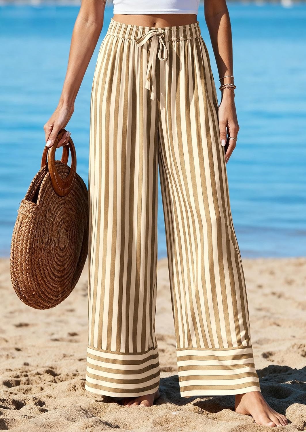 image:imagePRETTYGARDEN Womens Palazzo Pants 2026 Summer Striped Satin Wide Leg High Waisted Flowy Lounge Trousers PocketsStriped Khaki