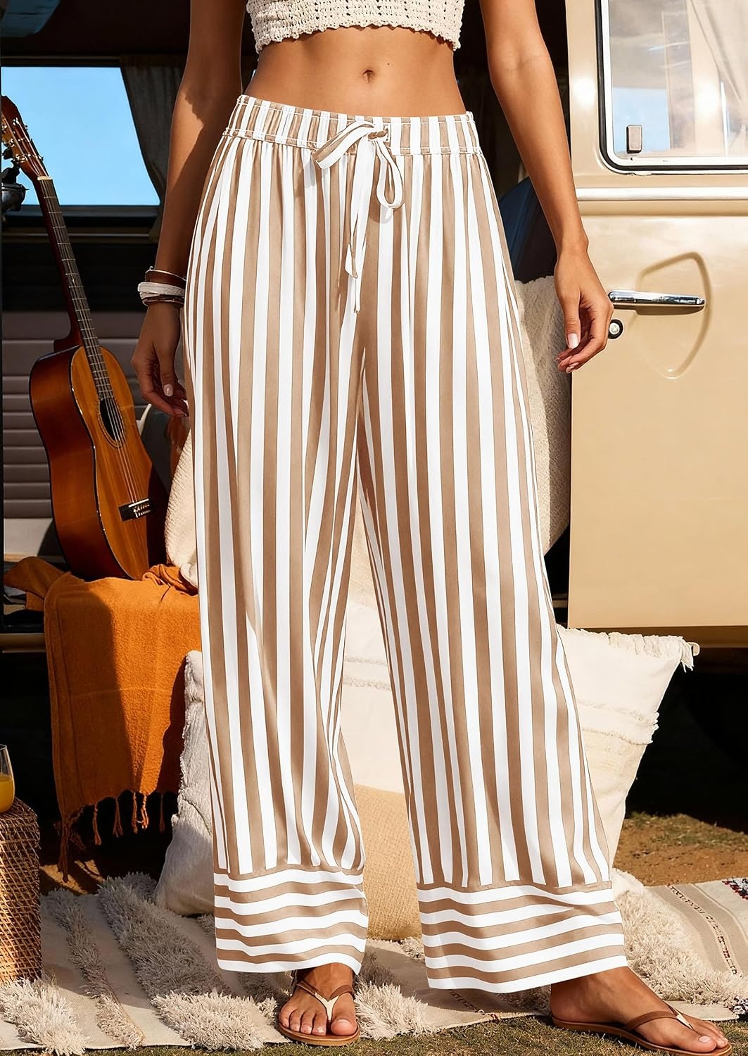 image:imagePRETTYGARDEN Womens Palazzo Pants 2026 Summer Striped Satin Wide Leg High Waisted Flowy Lounge Trousers PocketsStriped Khaki White