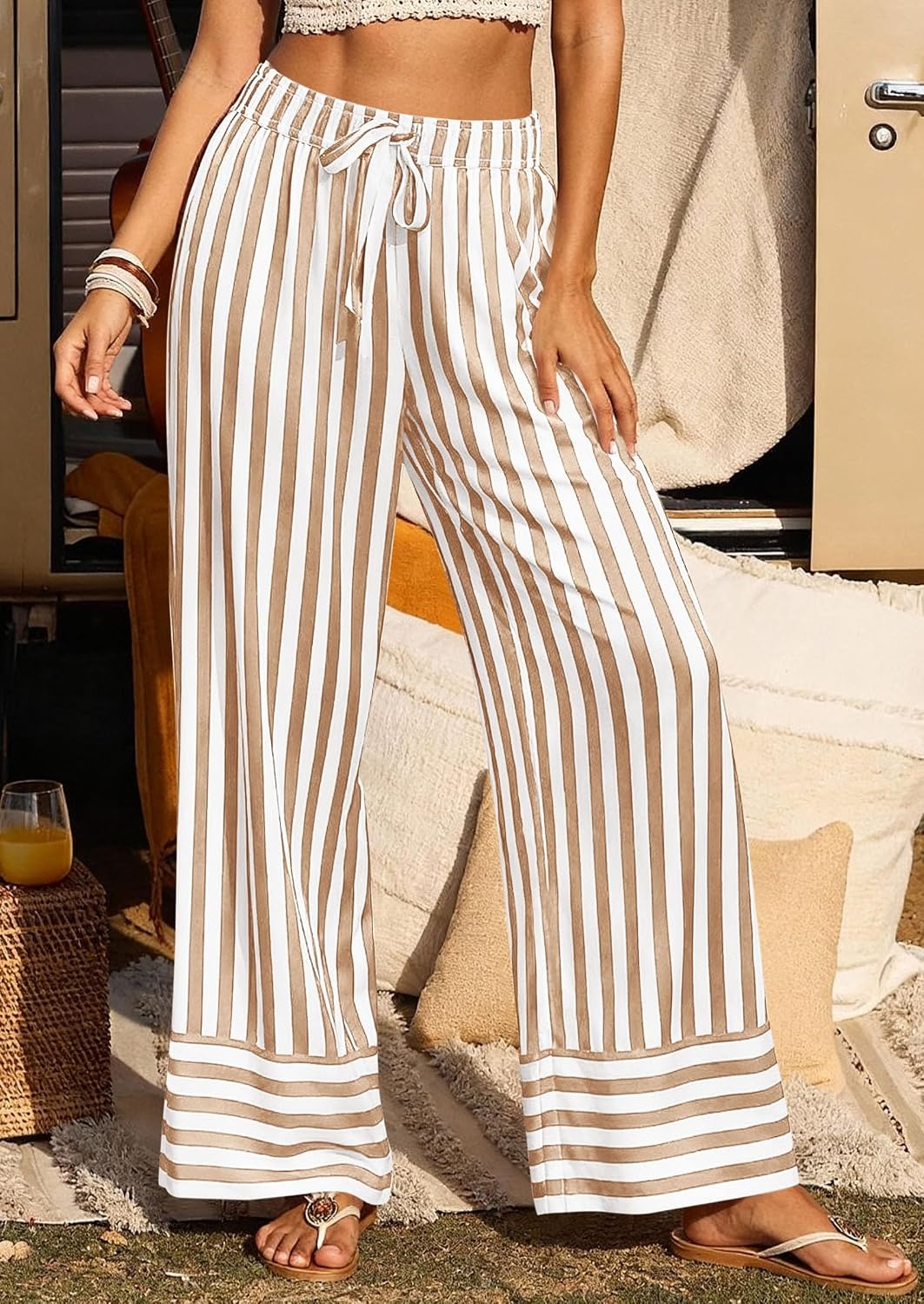 image:imagePRETTYGARDEN Womens Palazzo Pants 2026 Summer Striped Satin Wide Leg High Waisted Flowy Lounge Trousers PocketsStriped Khaki White