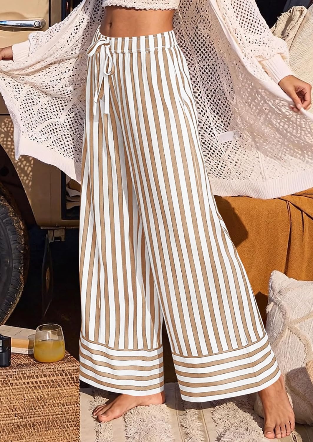 image:imagePRETTYGARDEN Womens Palazzo Pants 2026 Summer Striped Satin Wide Leg High Waisted Flowy Lounge Trousers PocketsStriped Khaki White