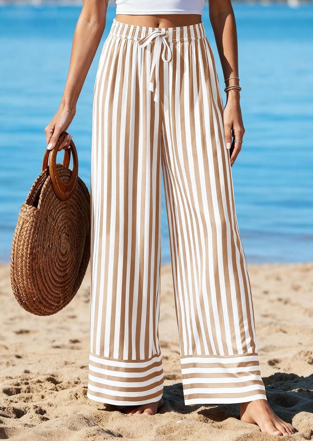 image:imagePRETTYGARDEN Womens Palazzo Pants 2026 Summer Striped Satin Wide Leg High Waisted Flowy Lounge Trousers PocketsStriped Khaki White
