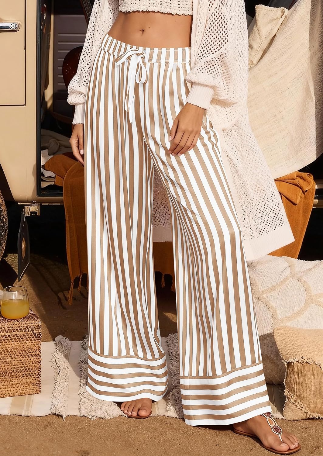 image:imagePRETTYGARDEN Womens Palazzo Pants 2026 Summer Striped Satin Wide Leg High Waisted Flowy Lounge Trousers PocketsStriped Khaki White