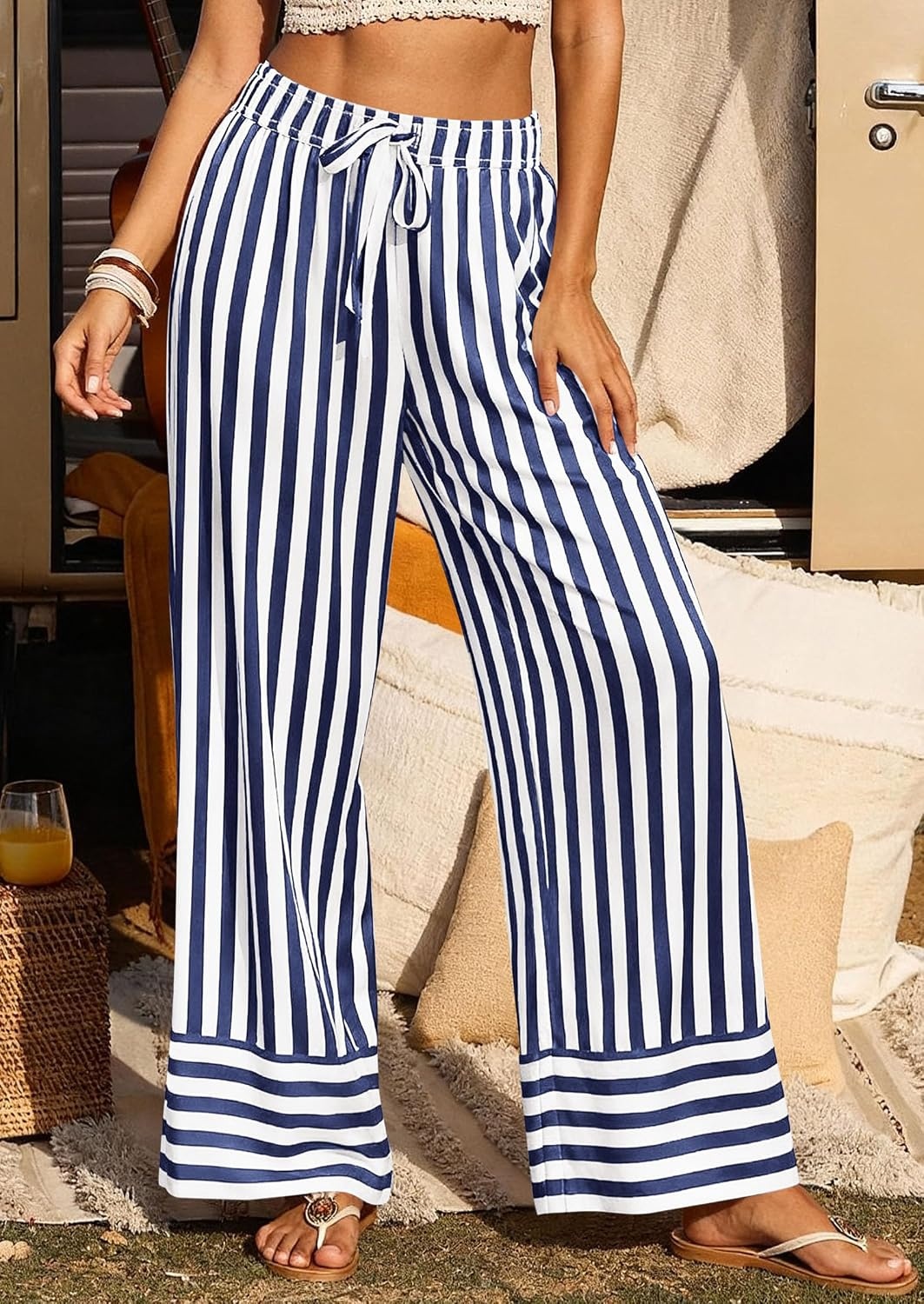 image:imagePRETTYGARDEN Womens Palazzo Pants 2026 Summer Striped Satin Wide Leg High Waisted Flowy Lounge Trousers PocketsStriped Navy White