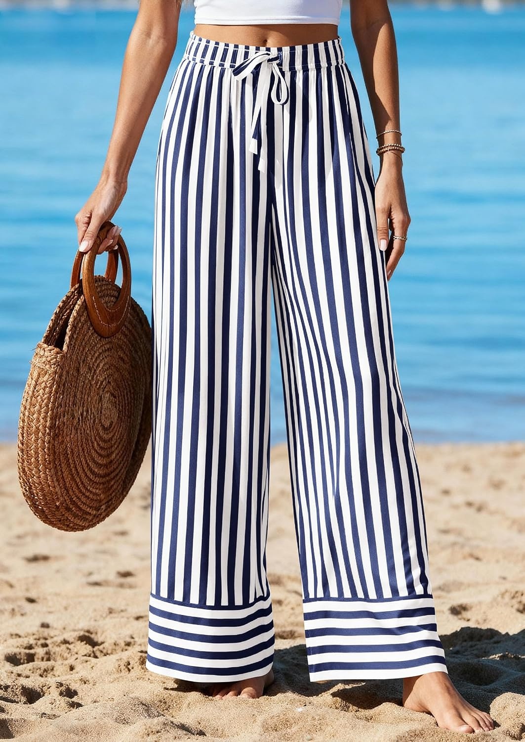 image:imagePRETTYGARDEN Womens Palazzo Pants 2026 Summer Striped Satin Wide Leg High Waisted Flowy Lounge Trousers PocketsStriped Navy White