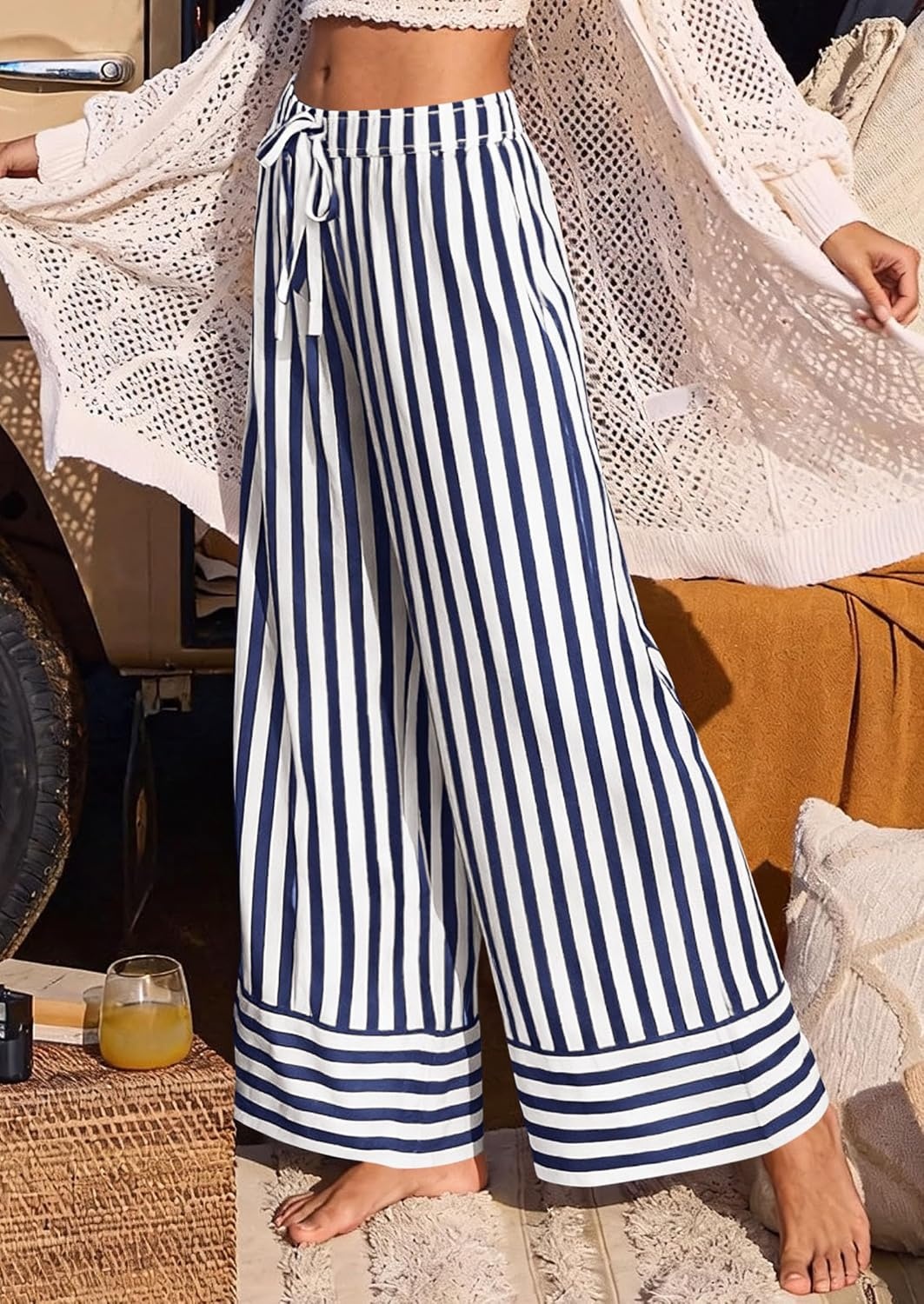 image:imagePRETTYGARDEN Womens Palazzo Pants 2026 Summer Striped Satin Wide Leg High Waisted Flowy Lounge Trousers PocketsStriped Navy White