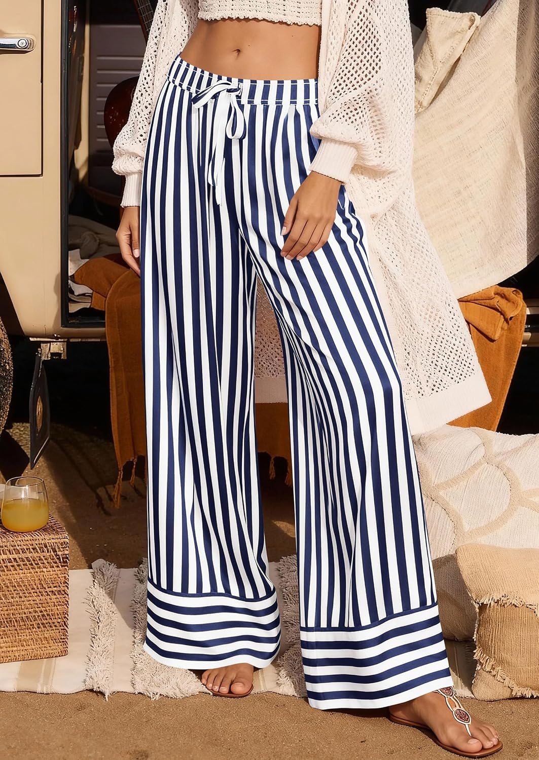 image:imagePRETTYGARDEN Womens Palazzo Pants 2026 Summer Striped Satin Wide Leg High Waisted Flowy Lounge Trousers PocketsStriped Navy White