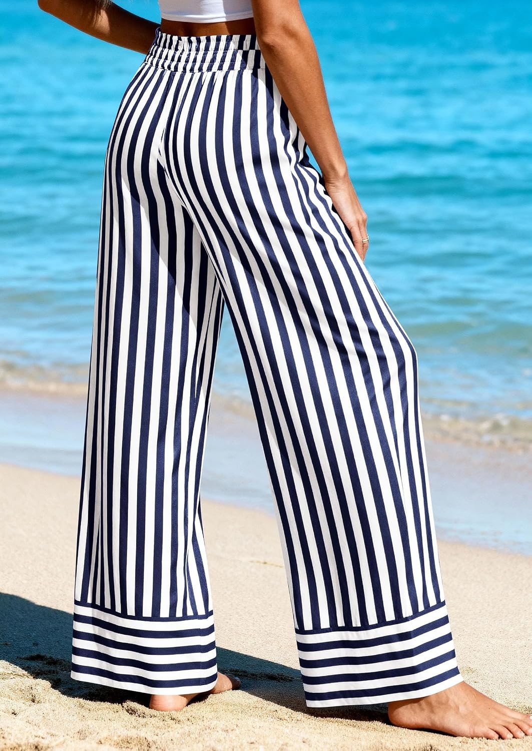 image:imagePRETTYGARDEN Womens Palazzo Pants 2026 Summer Striped Satin Wide Leg High Waisted Flowy Lounge Trousers PocketsStriped Navy White