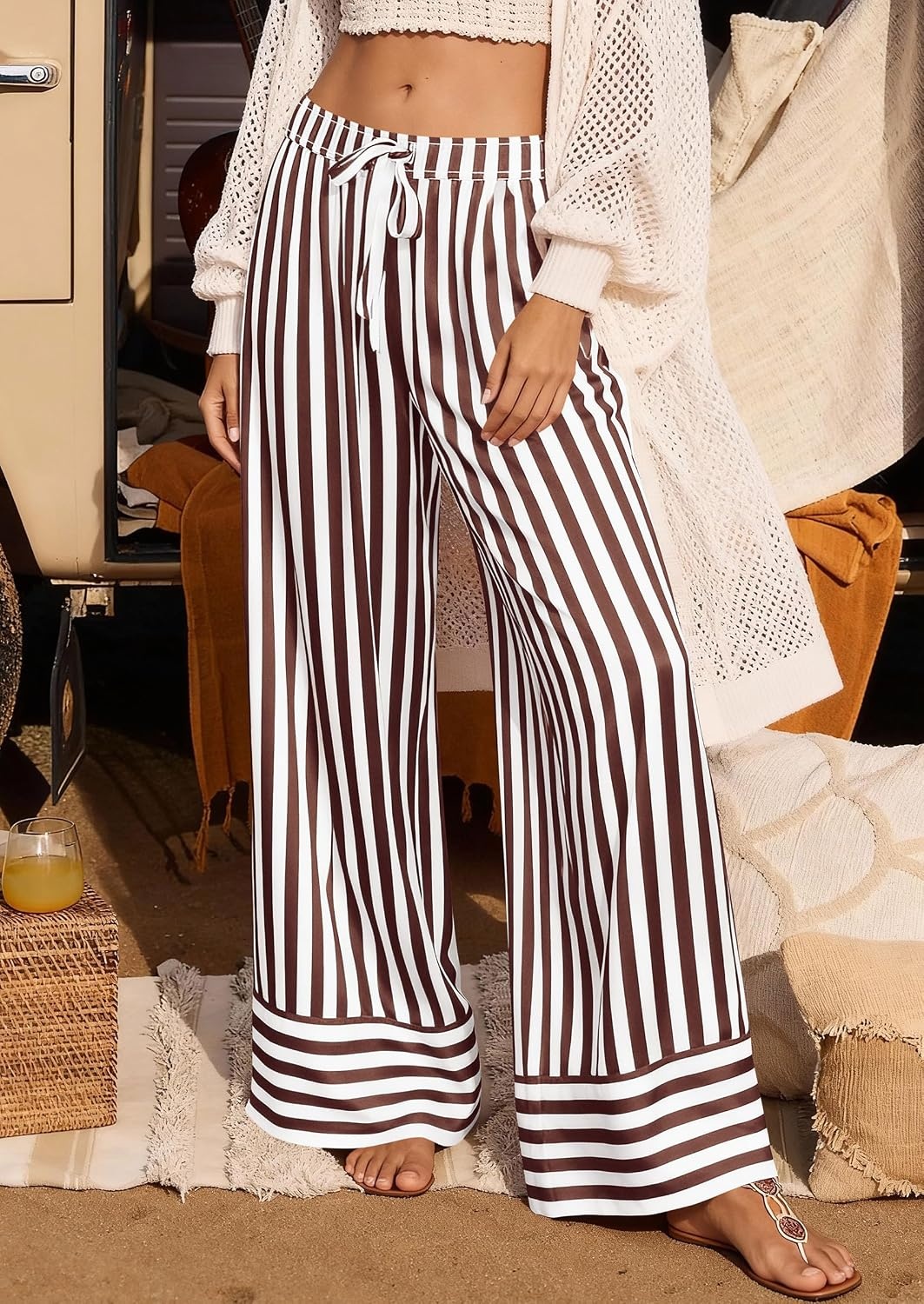 image:imagePRETTYGARDEN Womens Palazzo Pants 2026 Summer Striped Satin Wide Leg High Waisted Flowy Lounge Trousers PocketsStriped White Brown