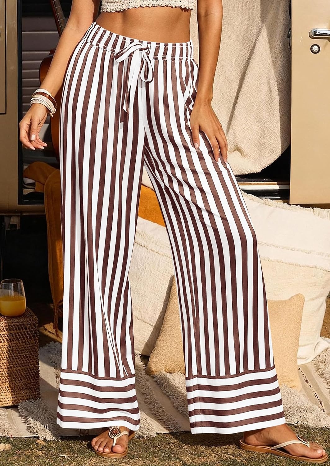 image:imagePRETTYGARDEN Womens Palazzo Pants 2026 Summer Striped Satin Wide Leg High Waisted Flowy Lounge Trousers PocketsStriped White Brown