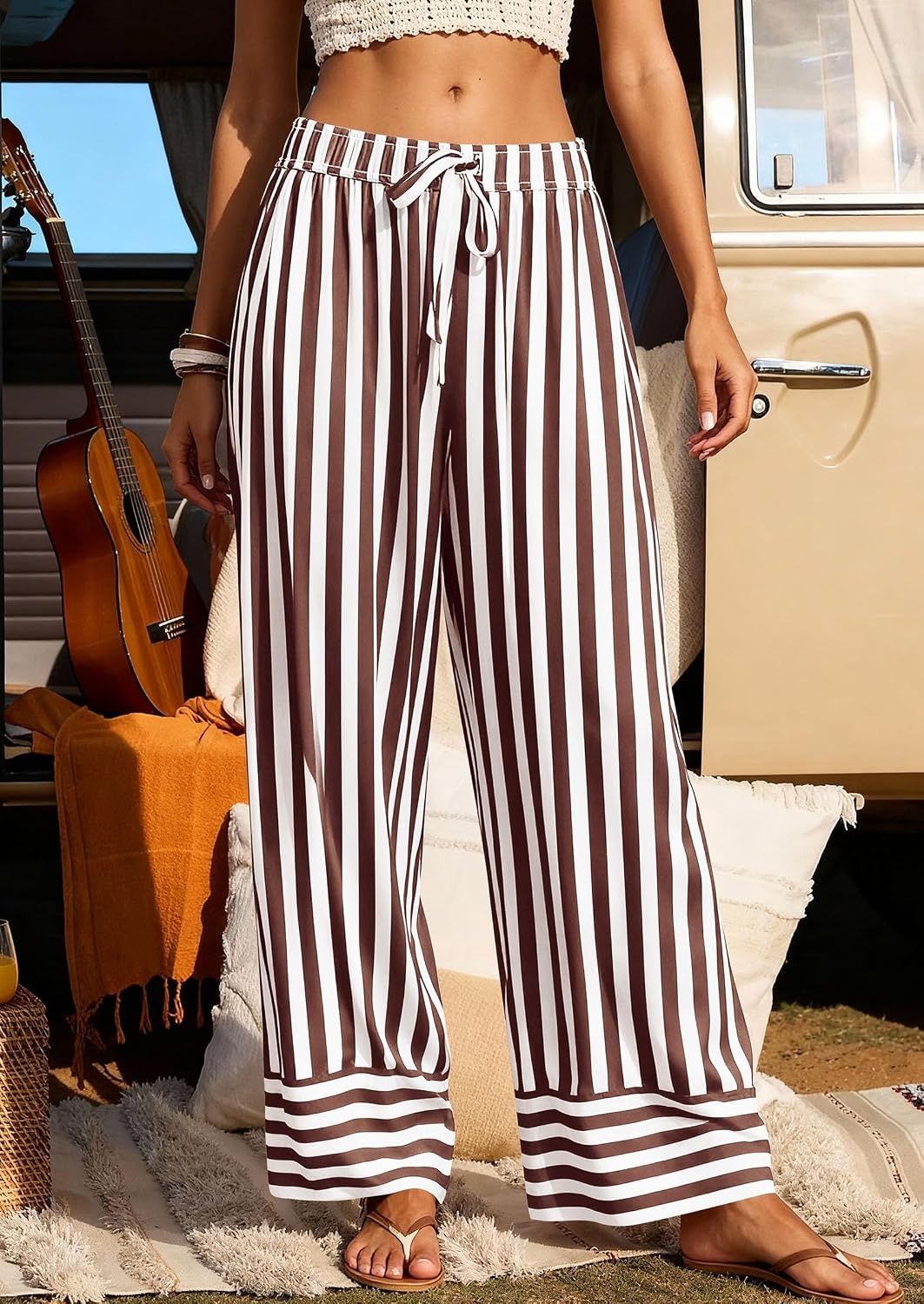image:imagePRETTYGARDEN Womens Palazzo Pants 2026 Summer Striped Satin Wide Leg High Waisted Flowy Lounge Trousers PocketsStriped White Brown