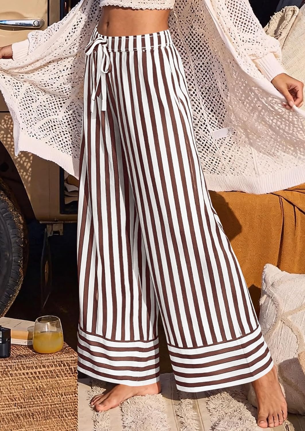 image:imagePRETTYGARDEN Womens Palazzo Pants 2026 Summer Striped Satin Wide Leg High Waisted Flowy Lounge Trousers PocketsStriped White Brown
