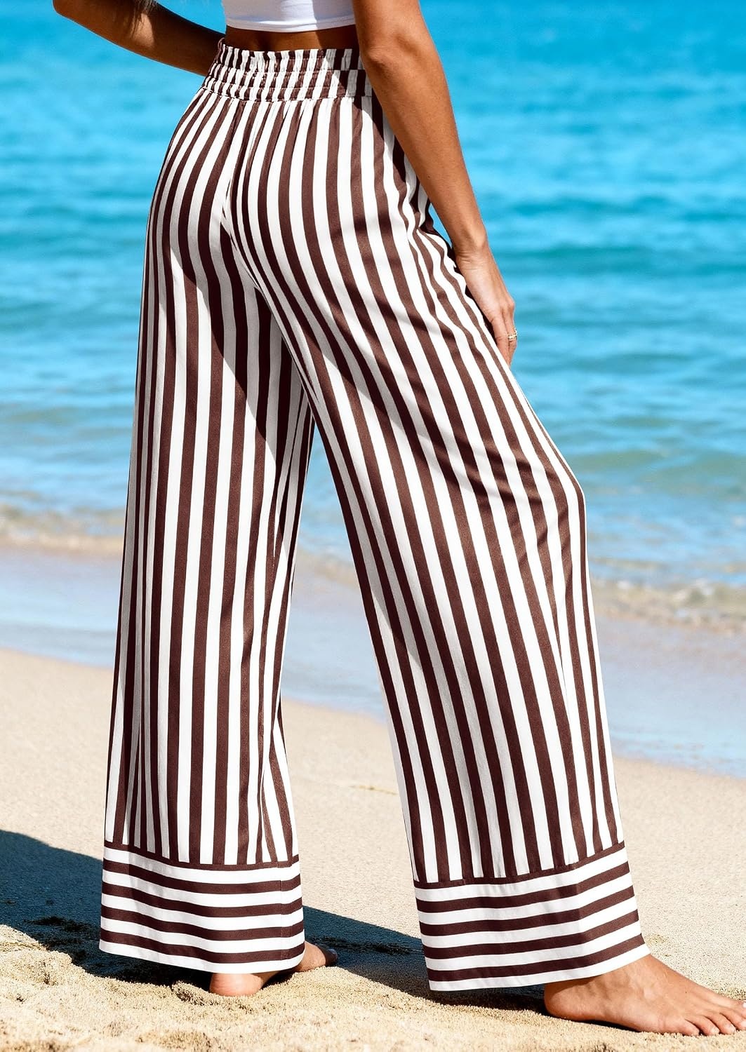 image:imagePRETTYGARDEN Womens Palazzo Pants 2026 Summer Striped Satin Wide Leg High Waisted Flowy Lounge Trousers PocketsStriped White Brown