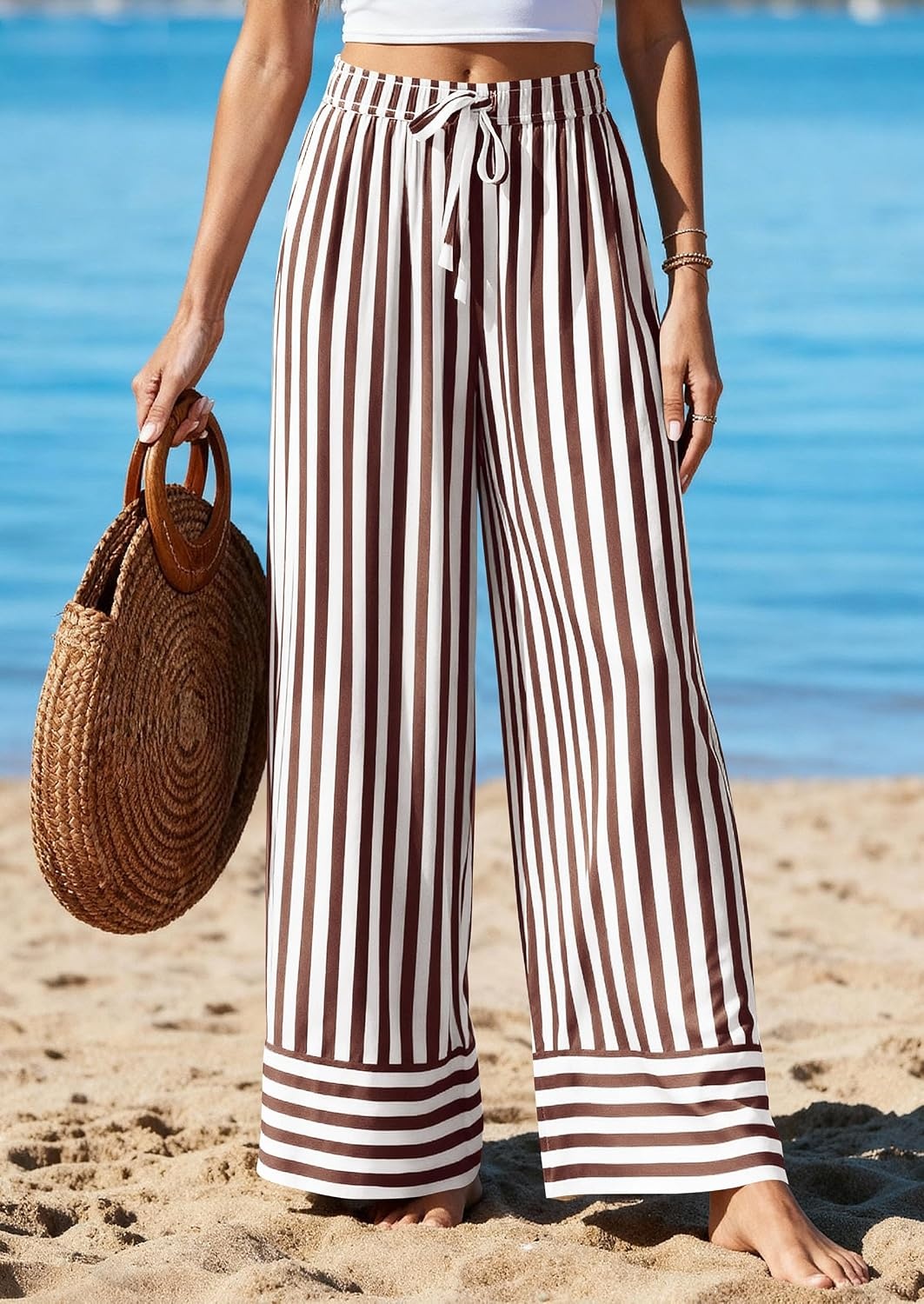 image:imagePRETTYGARDEN Womens Palazzo Pants 2026 Summer Striped Satin Wide Leg High Waisted Flowy Lounge Trousers PocketsStriped White Brown