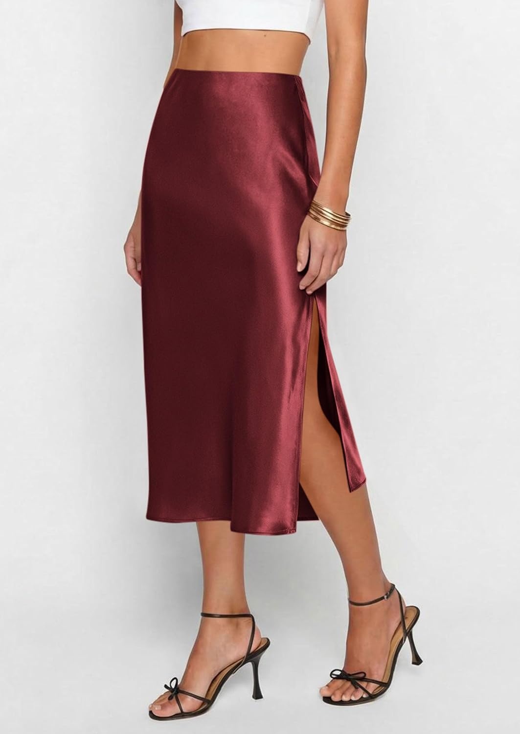 image:imagePRETTYGARDEN Womens Satin Skirt 2026 Summer Silk Business Casual High Waisted A Line Flowy Work Wedding Cocktail Midi SkirtsBurgundy