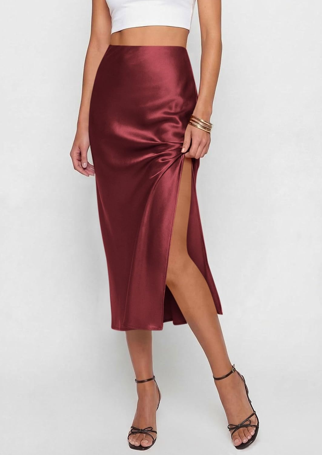 image:imagePRETTYGARDEN Womens Satin Skirt 2026 Summer Silk Business Casual High Waisted A Line Flowy Work Wedding Cocktail Midi SkirtsBurgundy