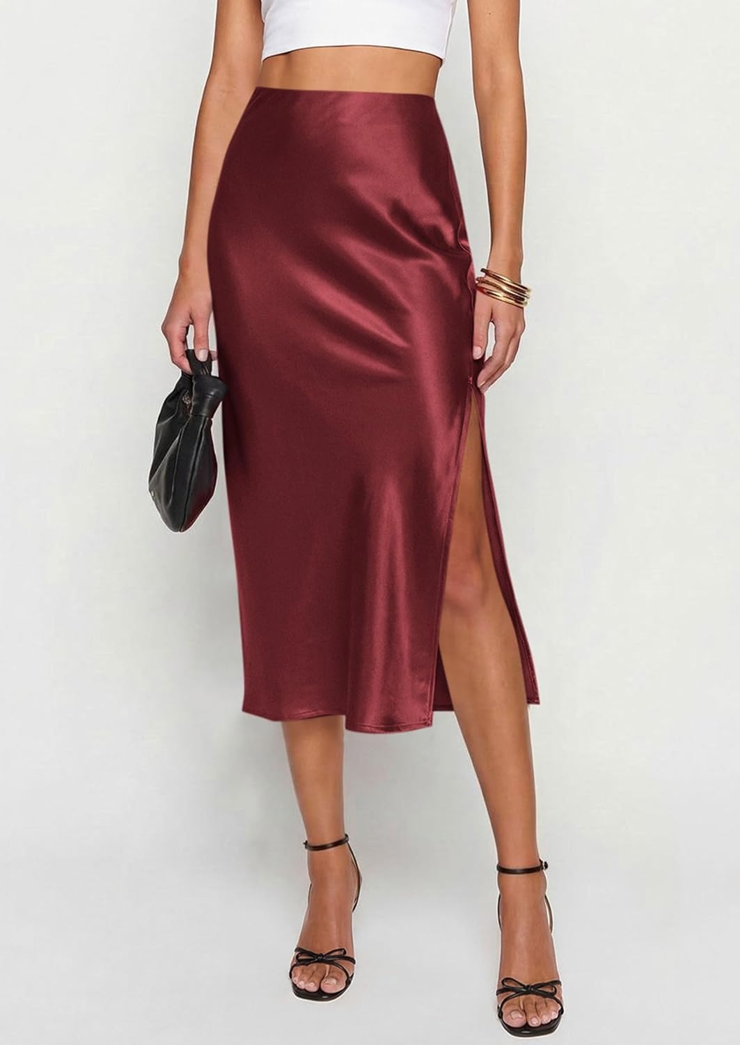 image:imagePRETTYGARDEN Womens Satin Skirt 2026 Summer Silk Business Casual High Waisted A Line Flowy Work Wedding Cocktail Midi SkirtsBurgundy