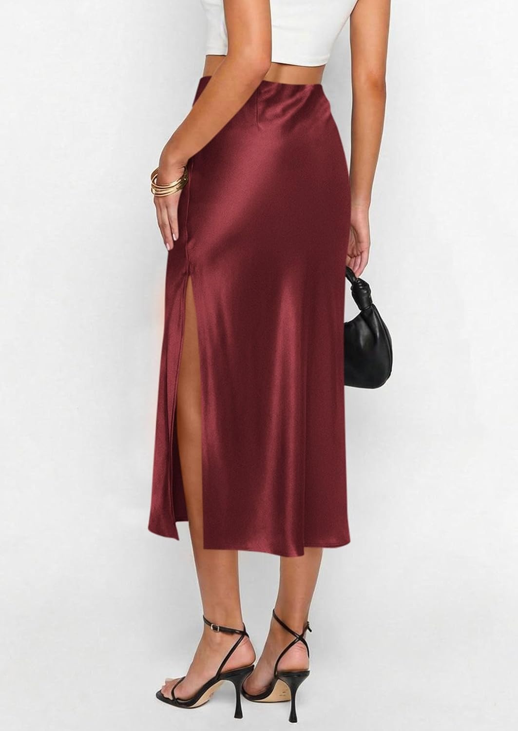 image:imagePRETTYGARDEN Womens Satin Skirt 2026 Summer Silk Business Casual High Waisted A Line Flowy Work Wedding Cocktail Midi SkirtsBurgundy