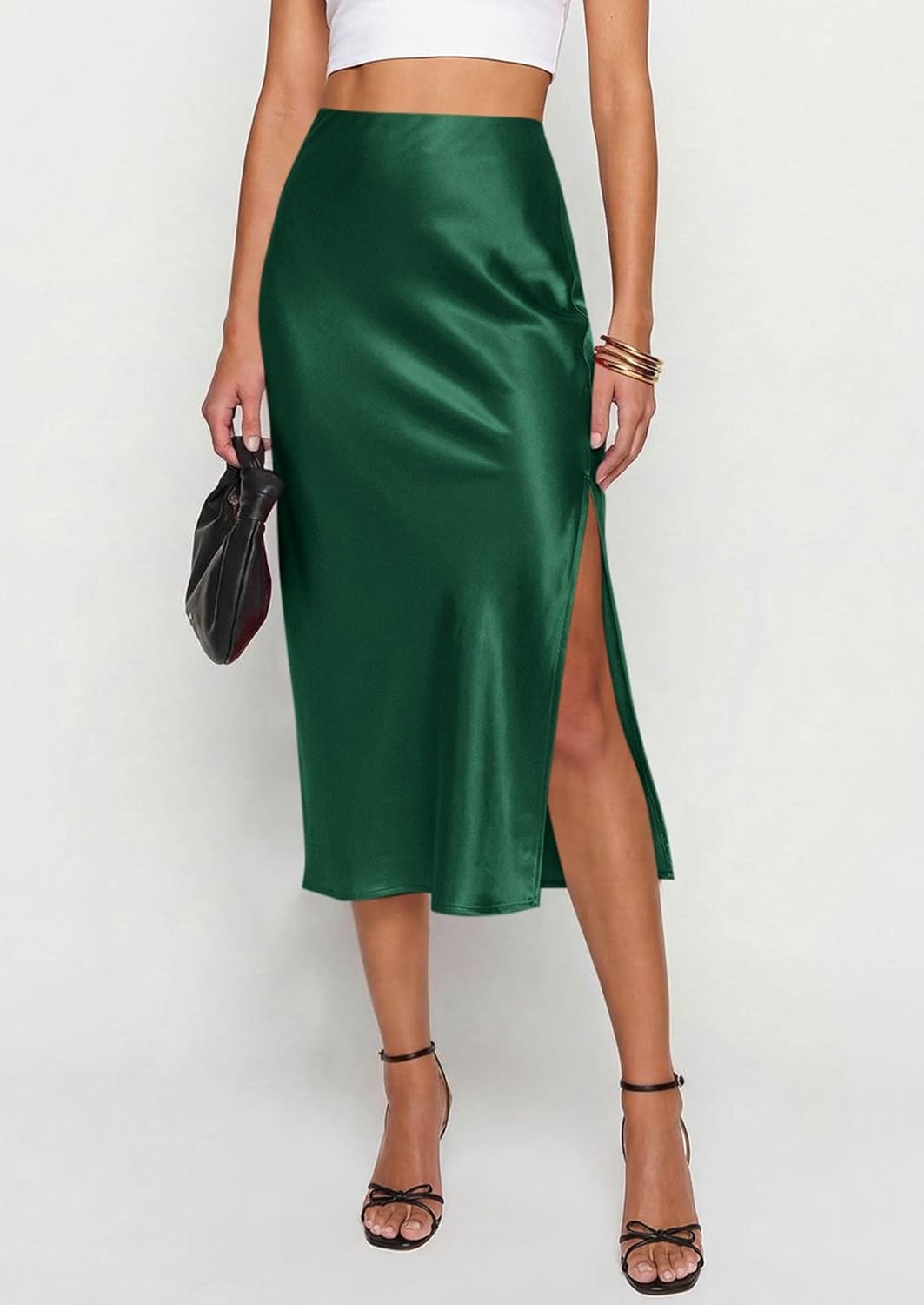 image:imagePRETTYGARDEN Womens Satin Skirt 2026 Summer Silk Business Casual High Waisted A Line Flowy Work Wedding Cocktail Midi SkirtsDark Green