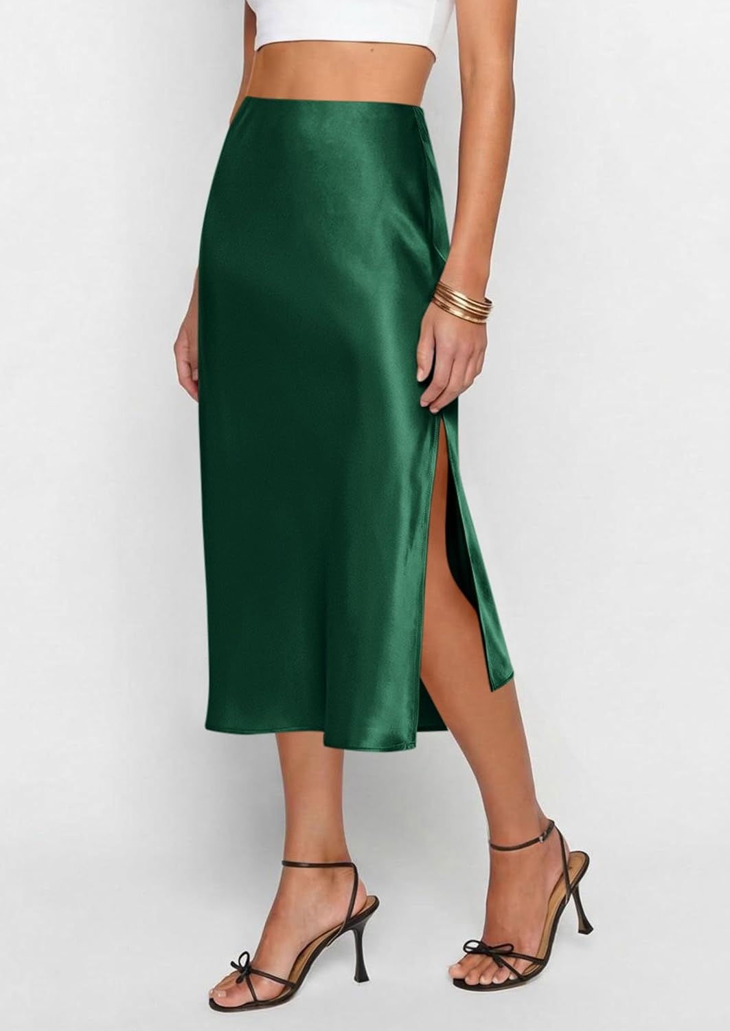 image:imagePRETTYGARDEN Womens Satin Skirt 2026 Summer Silk Business Casual High Waisted A Line Flowy Work Wedding Cocktail Midi SkirtsDark Green