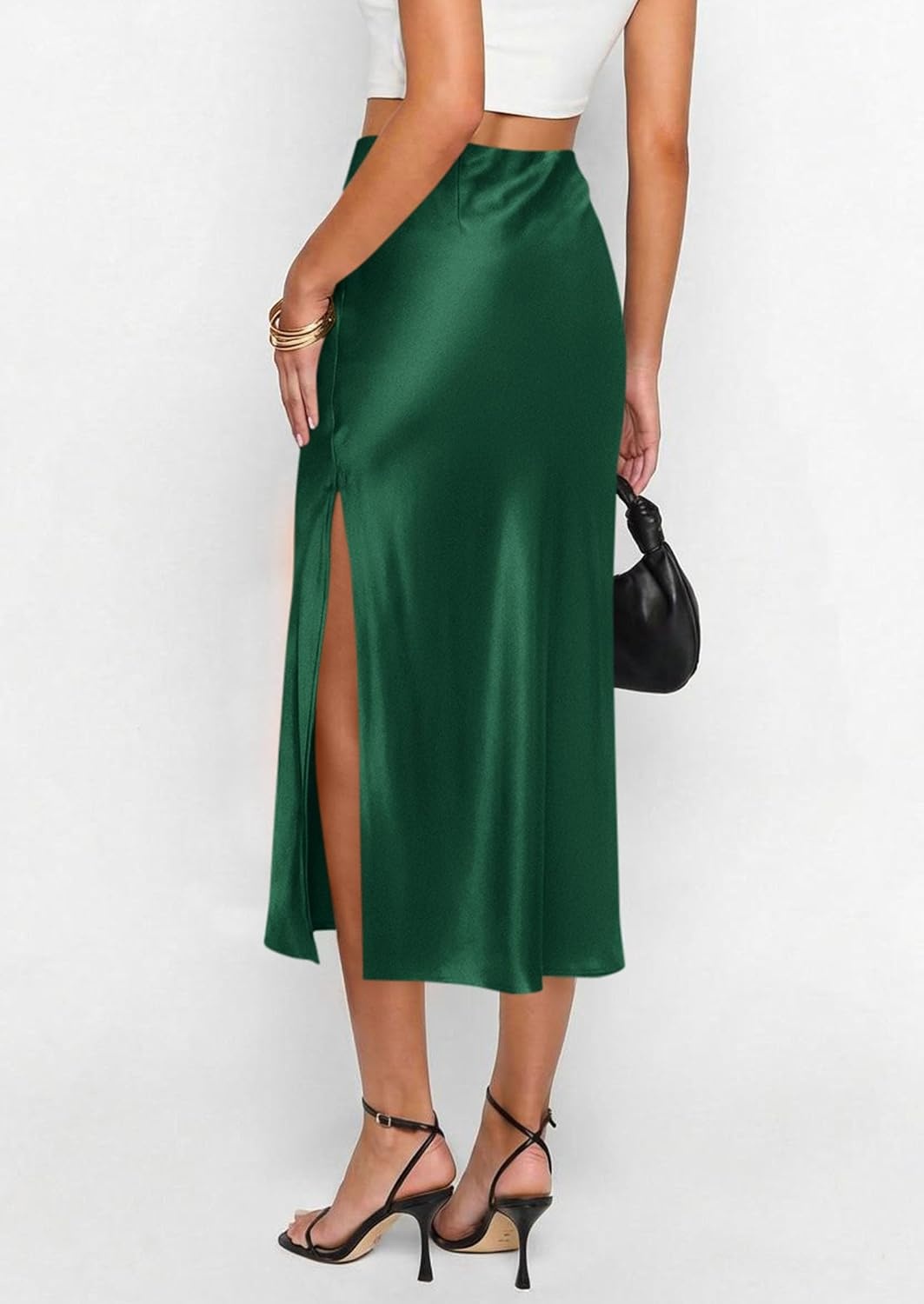 image:imagePRETTYGARDEN Womens Satin Skirt 2026 Summer Silk Business Casual High Waisted A Line Flowy Work Wedding Cocktail Midi SkirtsDark Green