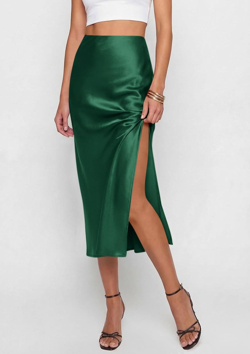 image:imagePRETTYGARDEN Womens Satin Skirt 2026 Summer Silk Business Casual High Waisted A Line Flowy Work Wedding Cocktail Midi SkirtsDark Green