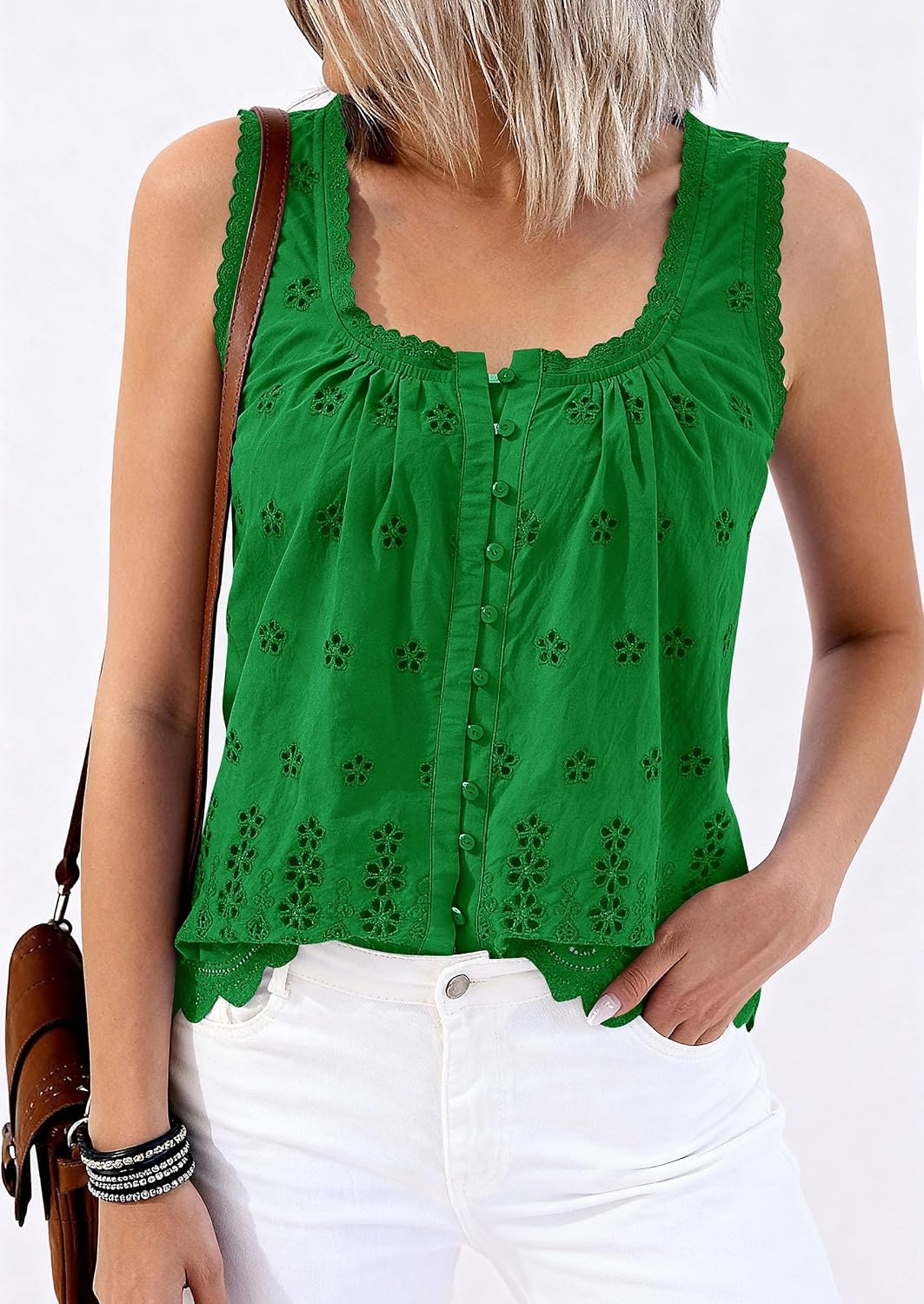 image:imagePRETTYGARDEN Womens Tank Tops 2026 Summer Button Down Shirts Embroidered Eyelet Dressy Casual Blouses Beach Vacation ClothesGreen
