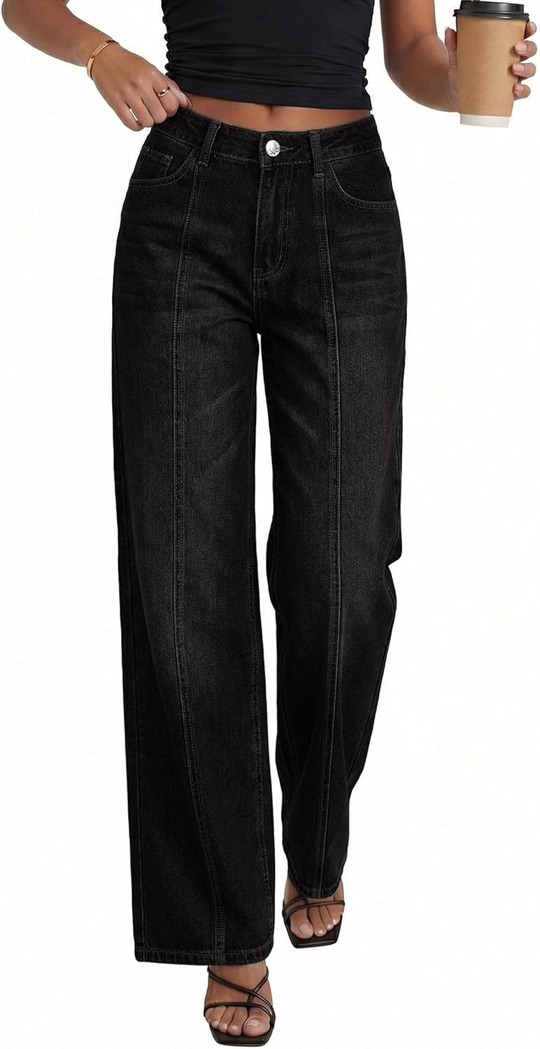 image:imagePRETTYGARDEN Womens Wide Leg Jeans High Waisted Stretchy Baggy Seamed Front Denim Palazzo Pants 2026 Summer Fashion ClothesBlack