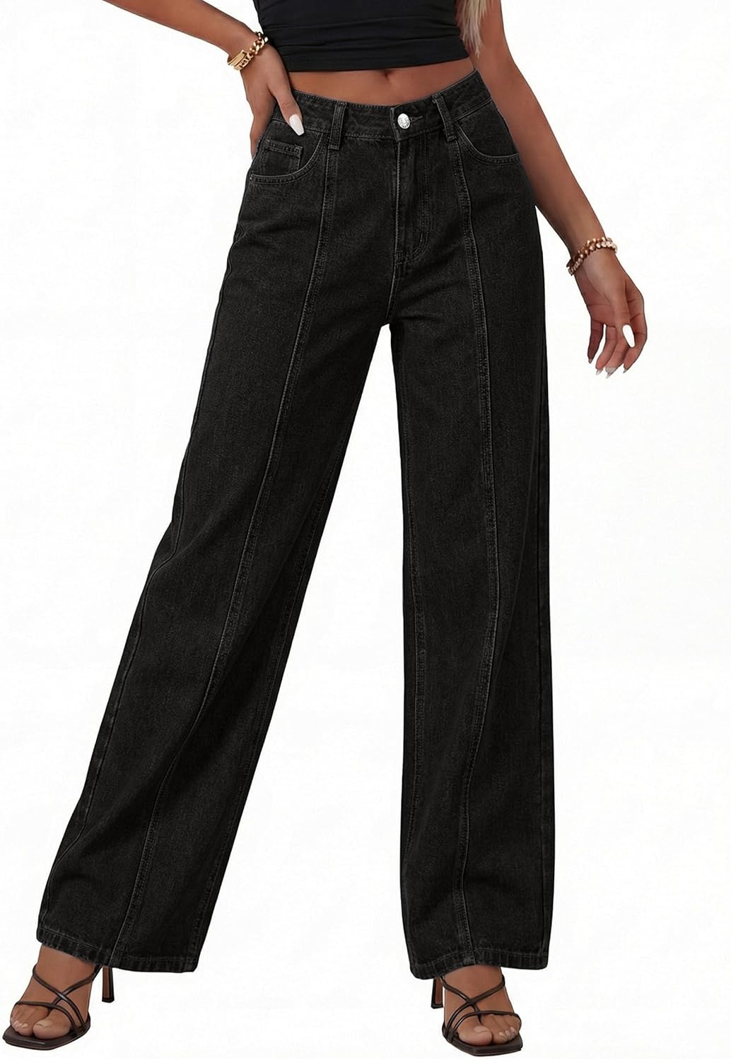 image:imagePRETTYGARDEN Womens Wide Leg Jeans High Waisted Stretchy Baggy Seamed Front Denim Palazzo Pants 2026 Summer Fashion ClothesBlack