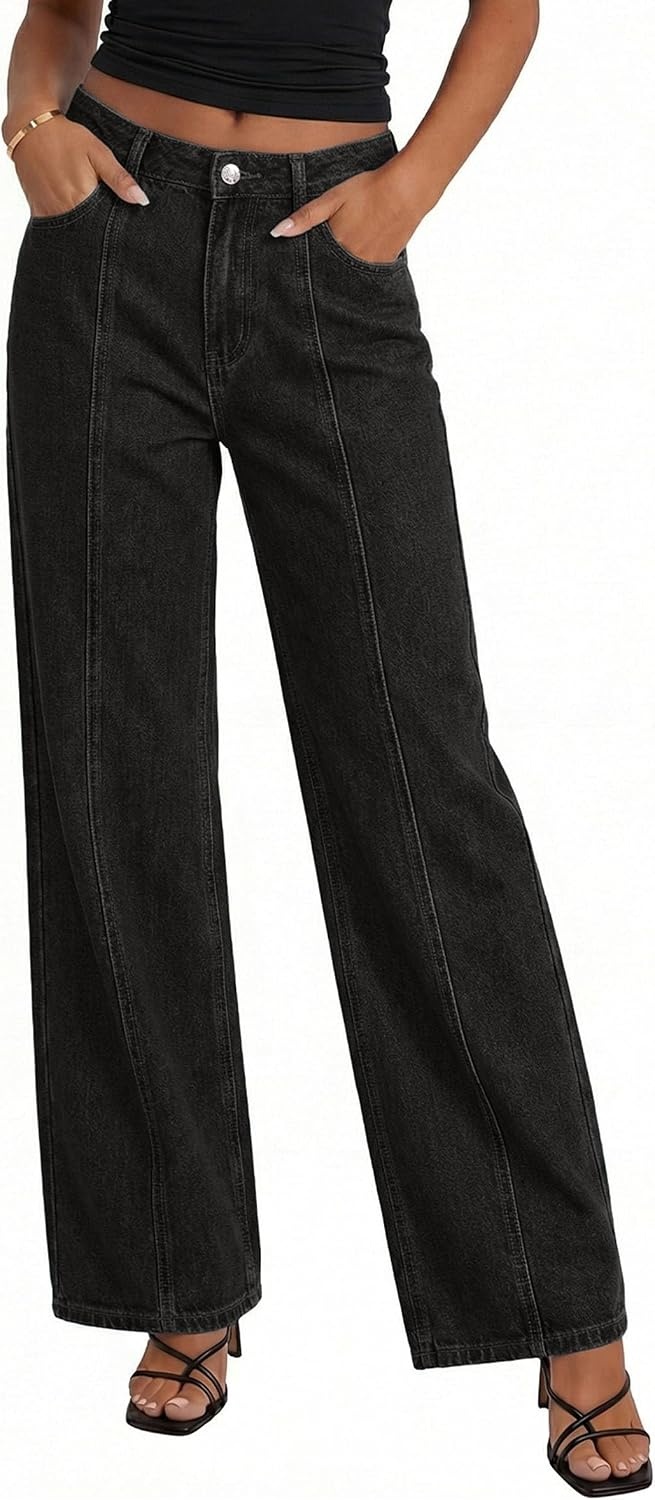 image:imagePRETTYGARDEN Womens Wide Leg Jeans High Waisted Stretchy Baggy Seamed Front Denim Palazzo Pants 2026 Summer Fashion ClothesBlack