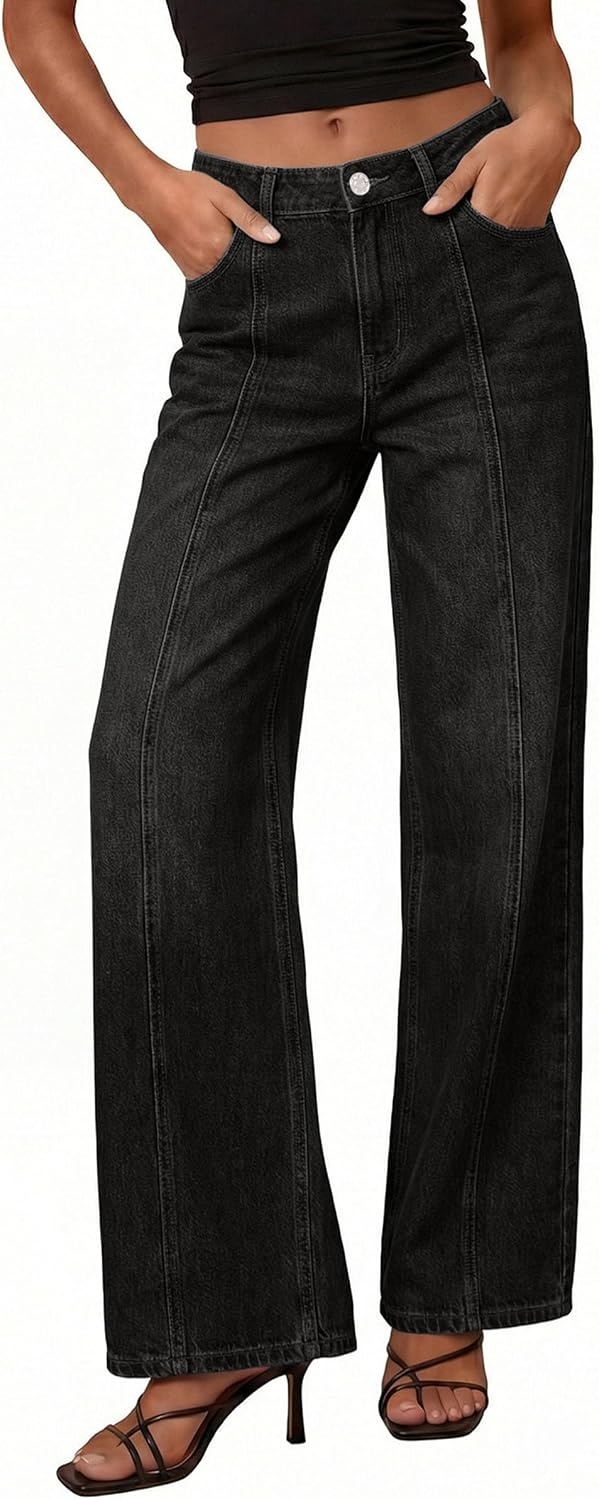 image:imagePRETTYGARDEN Womens Wide Leg Jeans High Waisted Stretchy Baggy Seamed Front Denim Palazzo Pants 2026 Summer Fashion ClothesBlack