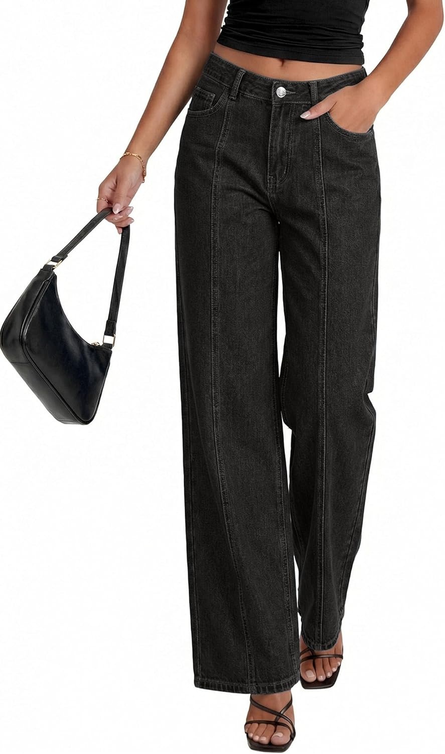 image:imagePRETTYGARDEN Womens Wide Leg Jeans High Waisted Stretchy Baggy Seamed Front Denim Palazzo Pants 2026 Summer Fashion ClothesBlack