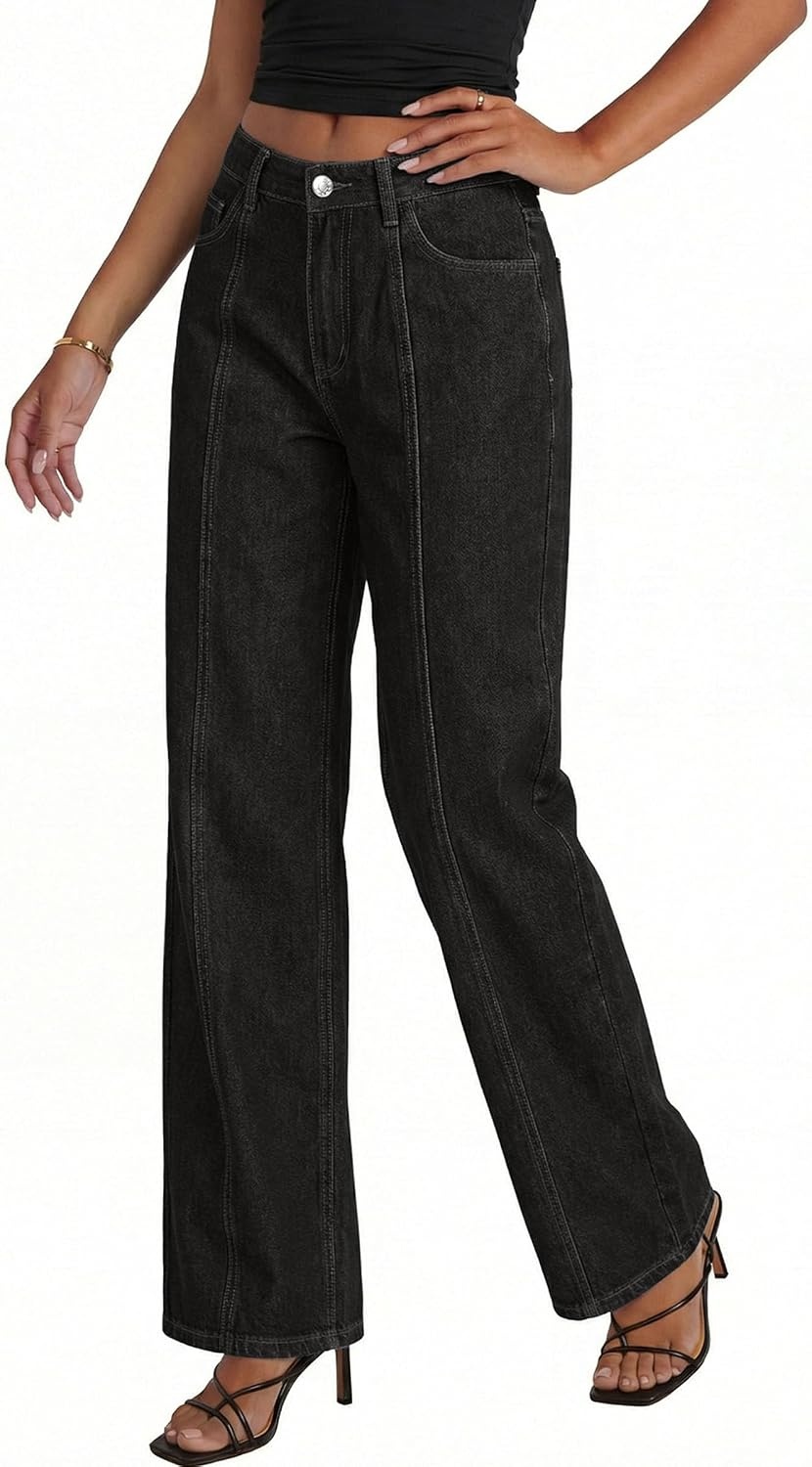 image:imagePRETTYGARDEN Womens Wide Leg Jeans High Waisted Stretchy Baggy Seamed Front Denim Palazzo Pants 2026 Summer Fashion ClothesBlack