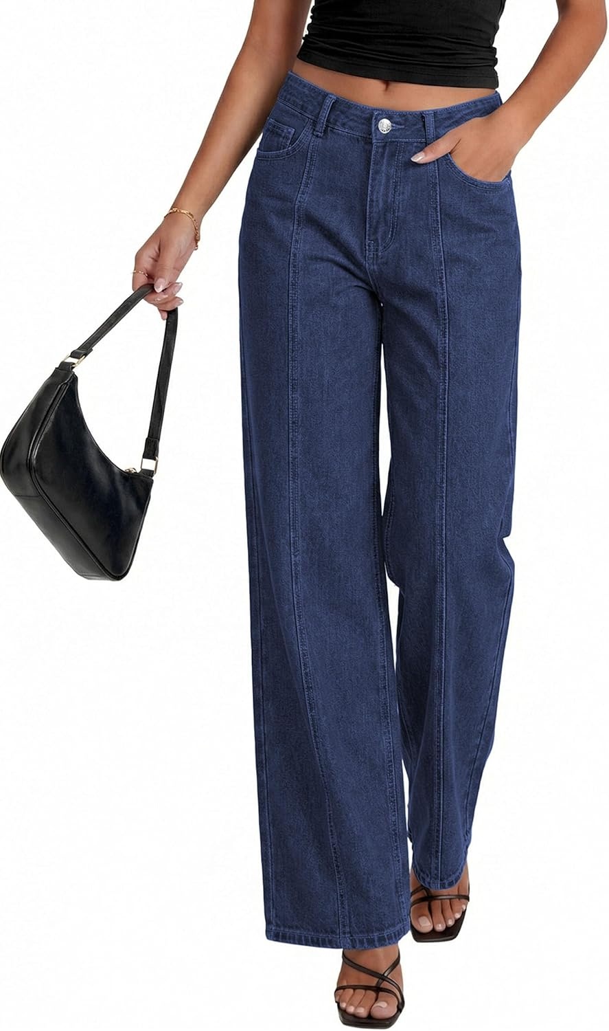 image:imagePRETTYGARDEN Womens Wide Leg Jeans High Waisted Stretchy Baggy Seamed Front Denim Palazzo Pants 2026 Summer Fashion ClothesDeep Blue