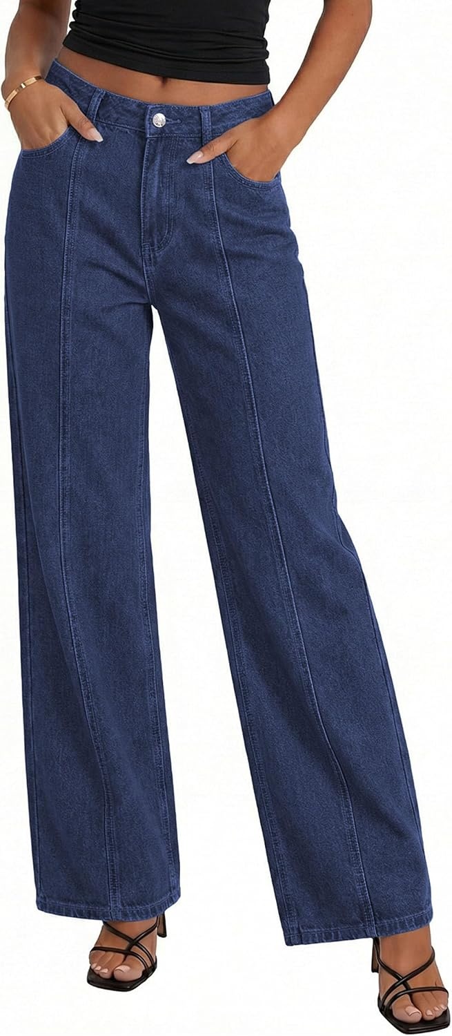 image:imagePRETTYGARDEN Womens Wide Leg Jeans High Waisted Stretchy Baggy Seamed Front Denim Palazzo Pants 2026 Summer Fashion ClothesDeep Blue