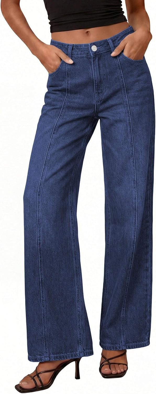 image:imagePRETTYGARDEN Womens Wide Leg Jeans High Waisted Stretchy Baggy Seamed Front Denim Palazzo Pants 2026 Summer Fashion ClothesDeep Blue