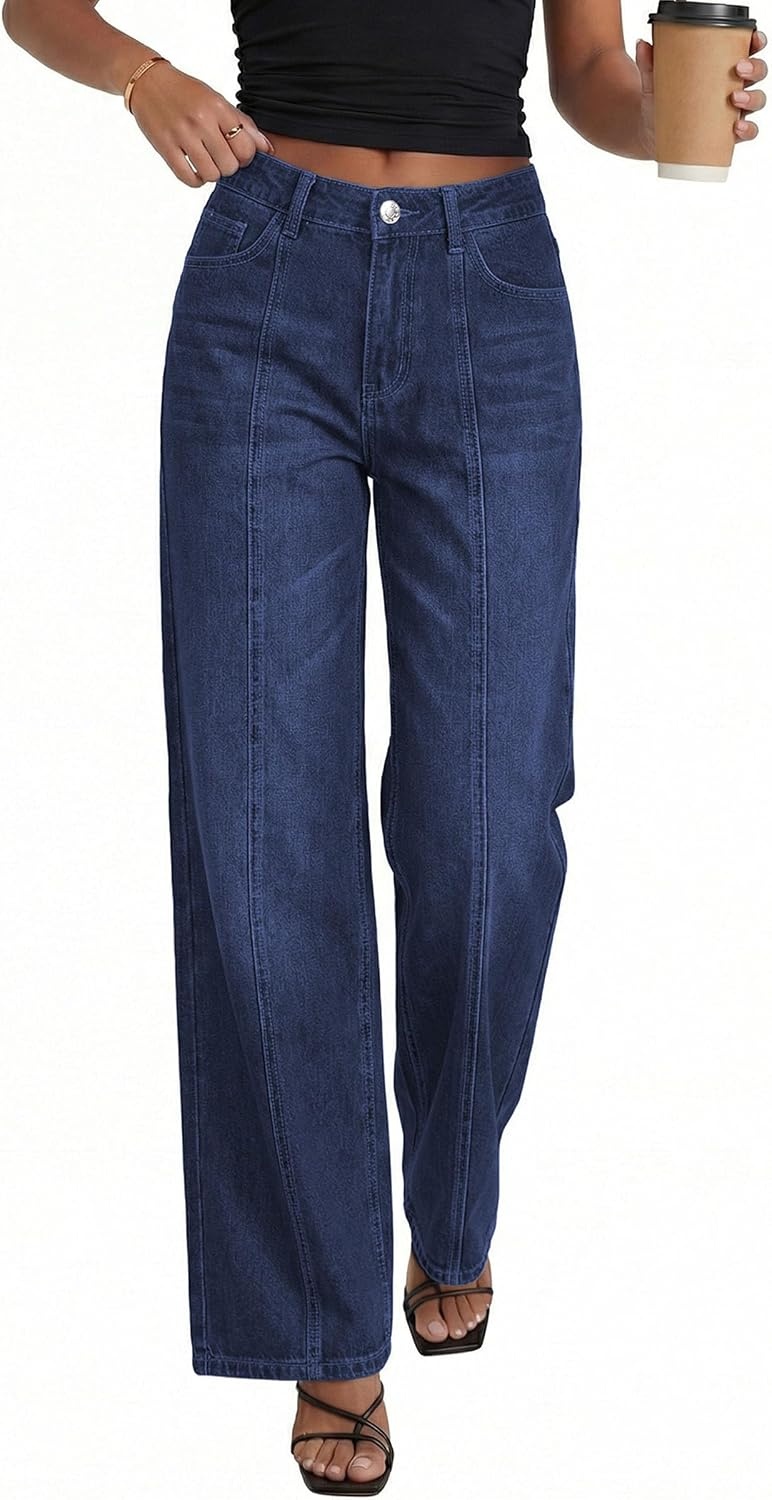 image:imagePRETTYGARDEN Womens Wide Leg Jeans High Waisted Stretchy Baggy Seamed Front Denim Palazzo Pants 2026 Summer Fashion ClothesDeep Blue