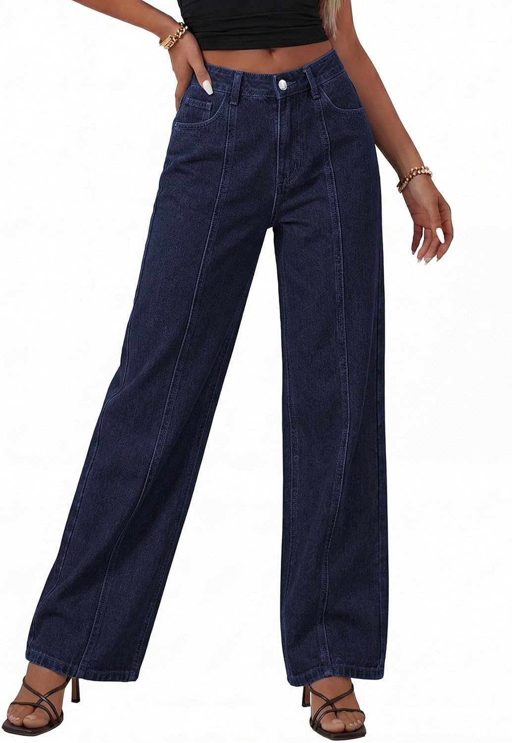 image:imagePRETTYGARDEN Womens Wide Leg Jeans High Waisted Stretchy Baggy Seamed Front Denim Palazzo Pants 2026 Summer Fashion ClothesNavy Blue