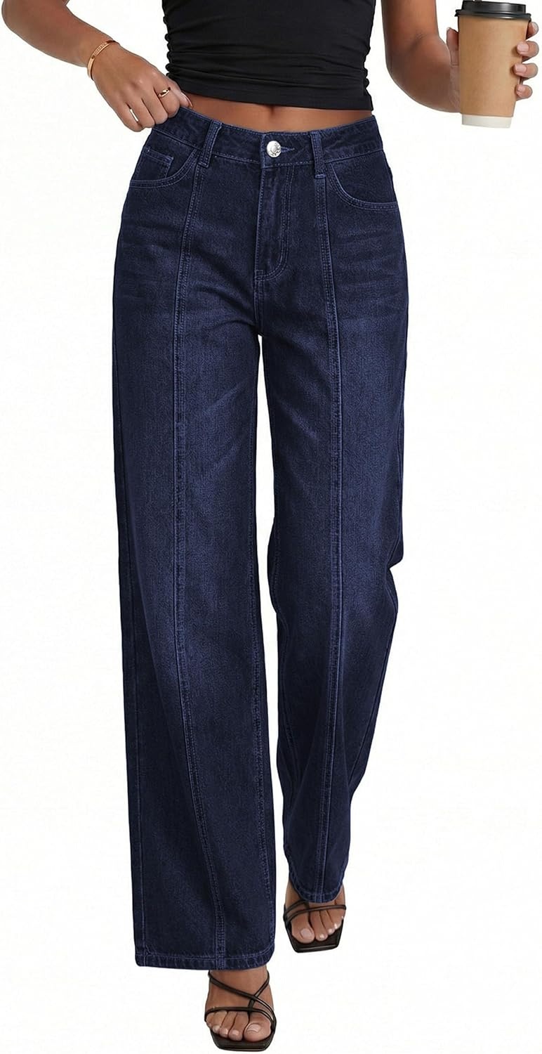 image:imagePRETTYGARDEN Womens Wide Leg Jeans High Waisted Stretchy Baggy Seamed Front Denim Palazzo Pants 2026 Summer Fashion ClothesNavy Blue