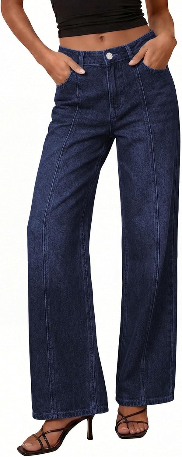image:imagePRETTYGARDEN Womens Wide Leg Jeans High Waisted Stretchy Baggy Seamed Front Denim Palazzo Pants 2026 Summer Fashion ClothesNavy Blue
