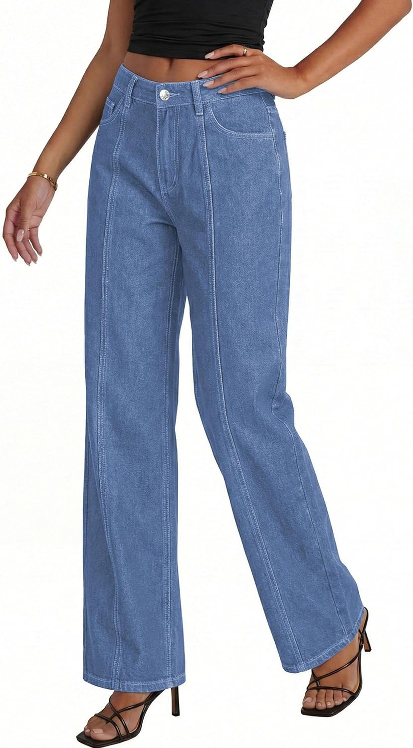 image:imagePRETTYGARDEN Womens Wide Leg Jeans High Waisted Stretchy Baggy Seamed Front Denim Palazzo Pants 2026 Summer Fashion ClothesSky Blue