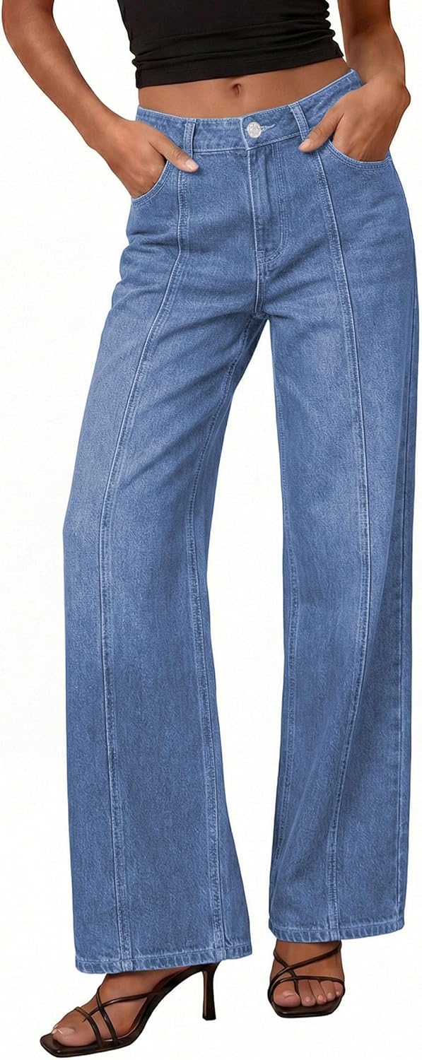 image:imagePRETTYGARDEN Womens Wide Leg Jeans High Waisted Stretchy Baggy Seamed Front Denim Palazzo Pants 2026 Summer Fashion ClothesSky Blue