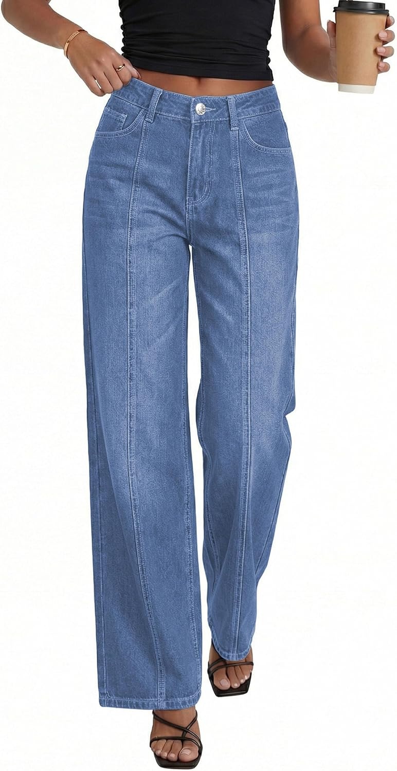 image:imagePRETTYGARDEN Womens Wide Leg Jeans High Waisted Stretchy Baggy Seamed Front Denim Palazzo Pants 2026 Summer Fashion ClothesSky Blue