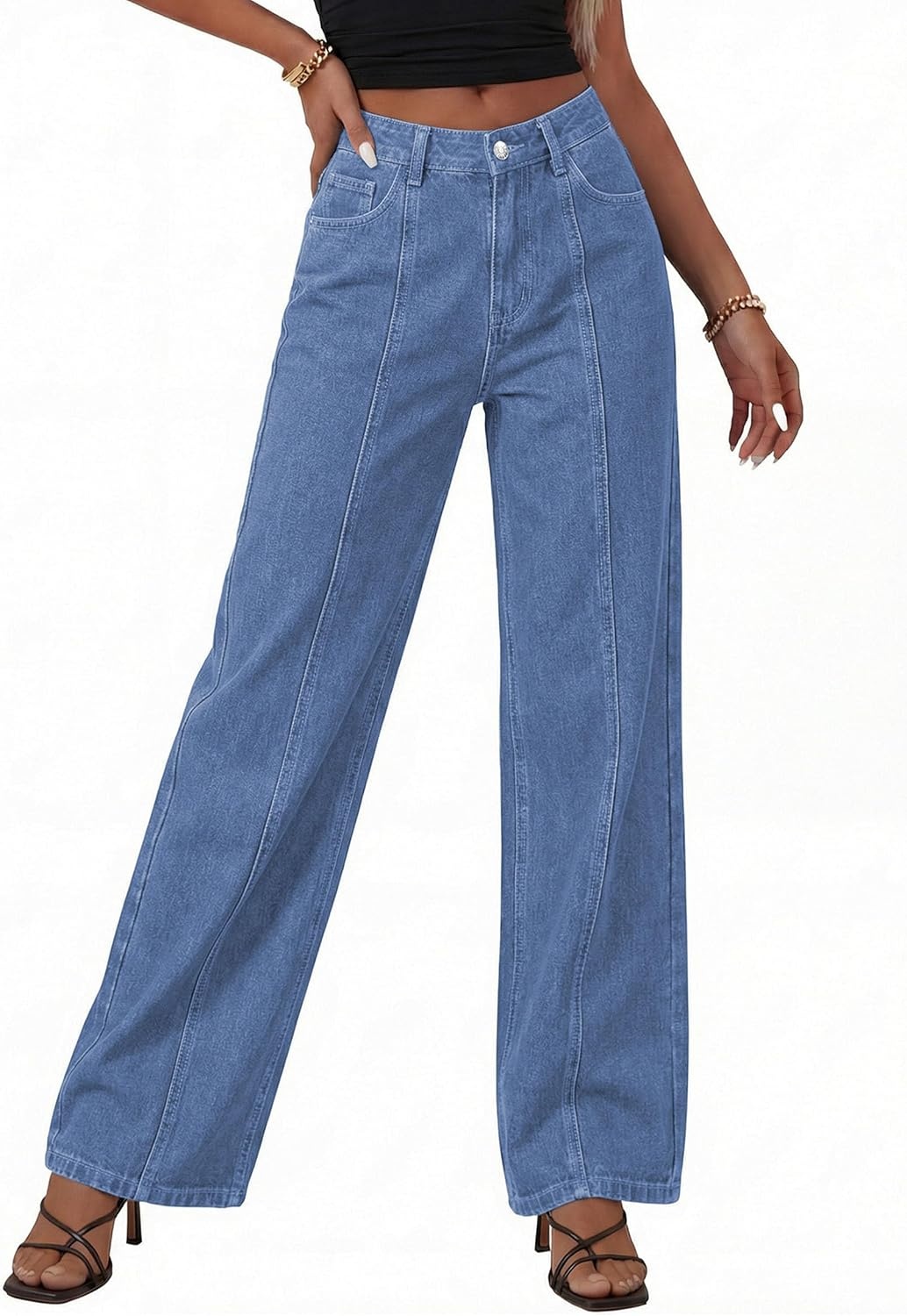 image:imagePRETTYGARDEN Womens Wide Leg Jeans High Waisted Stretchy Baggy Seamed Front Denim Palazzo Pants 2026 Summer Fashion ClothesSky Blue