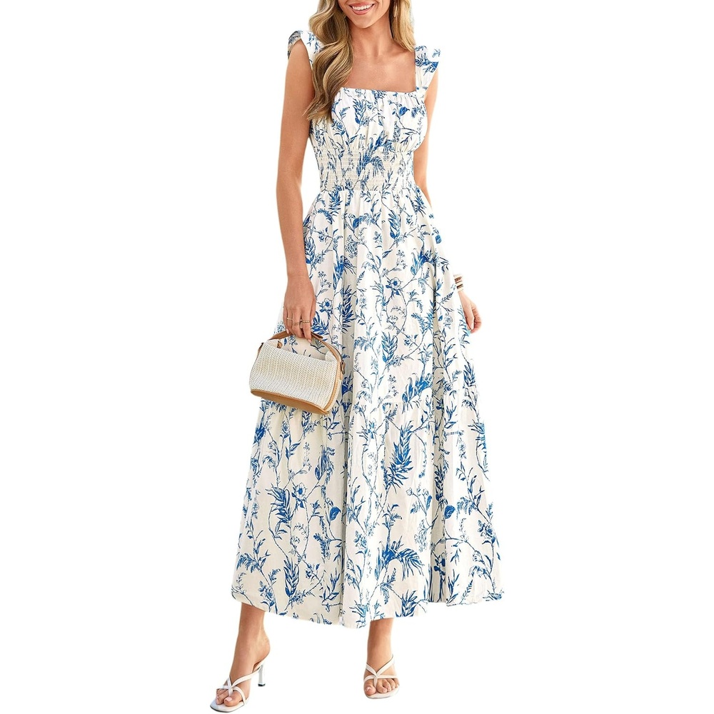 image:imagePRETTYGARDEN Floral Dress for Women Summer Boho Maxi Sundresses 2026 Smocked Long Flowy Spring Beach Wedding Guest DressesApricot Blue Floral